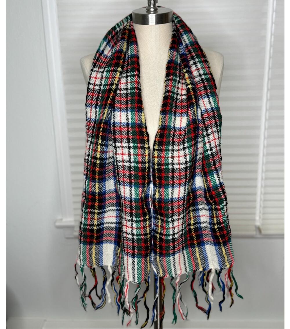 Vintage Primary Color Plaid Scarf Red Blue Green Fringe Lightweight
